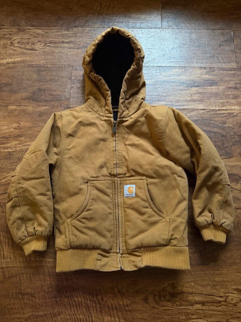 Carhartt Jacket Youth XS (6) Tan Canvas Hood Zip Up Quilted Interior